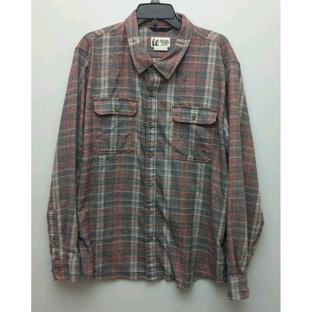 D5 Marmot Mountain Plaid Flannel Shirt Mens 2XL Red‎ Blue Long Sleeve Button Up